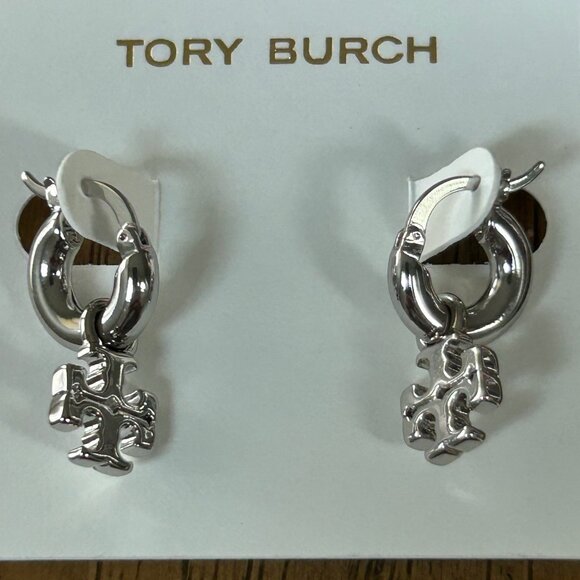 Tory Burch KIRA Huggie Hoop Earrings Tory Silver - Picture 2 of 4